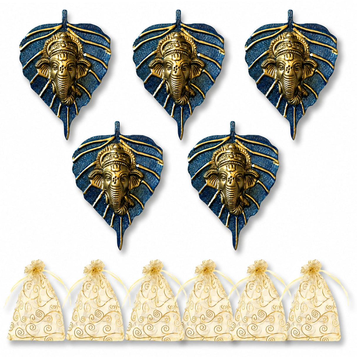 Metal leaf ganesha wall hanging decor featuring golden leaf-shaped figurines with blue glittery background for home and office