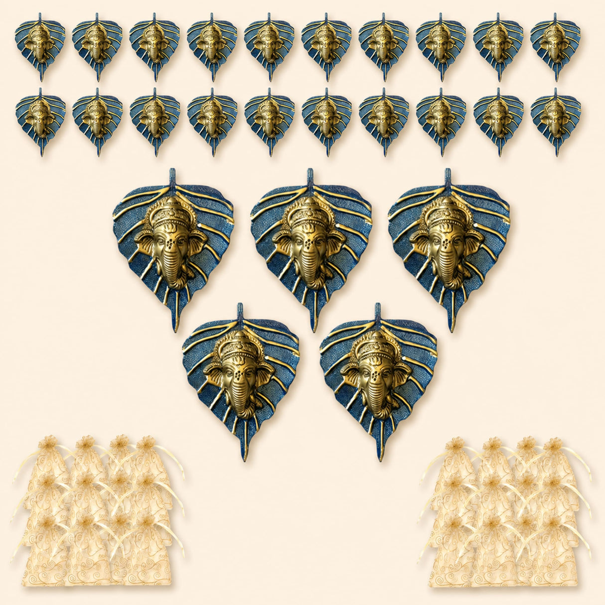 Metal leaf ganesha wall hanging decor featuring blue leaf shapes with golden ganesha faces for home and office use