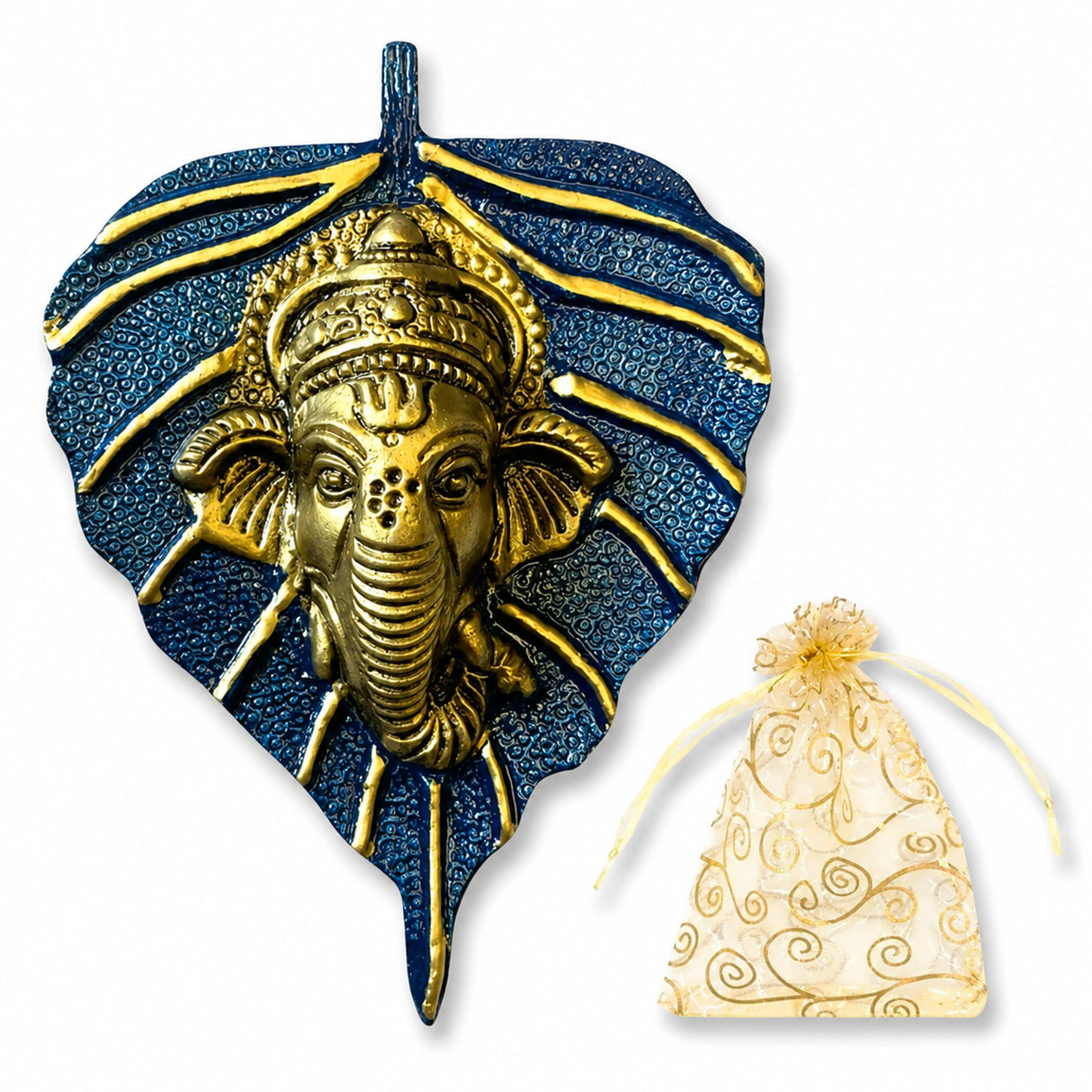Golden metal ganesha head mounted on textured blue leaf-shaped plaque decorative indian wall hanging for home decor