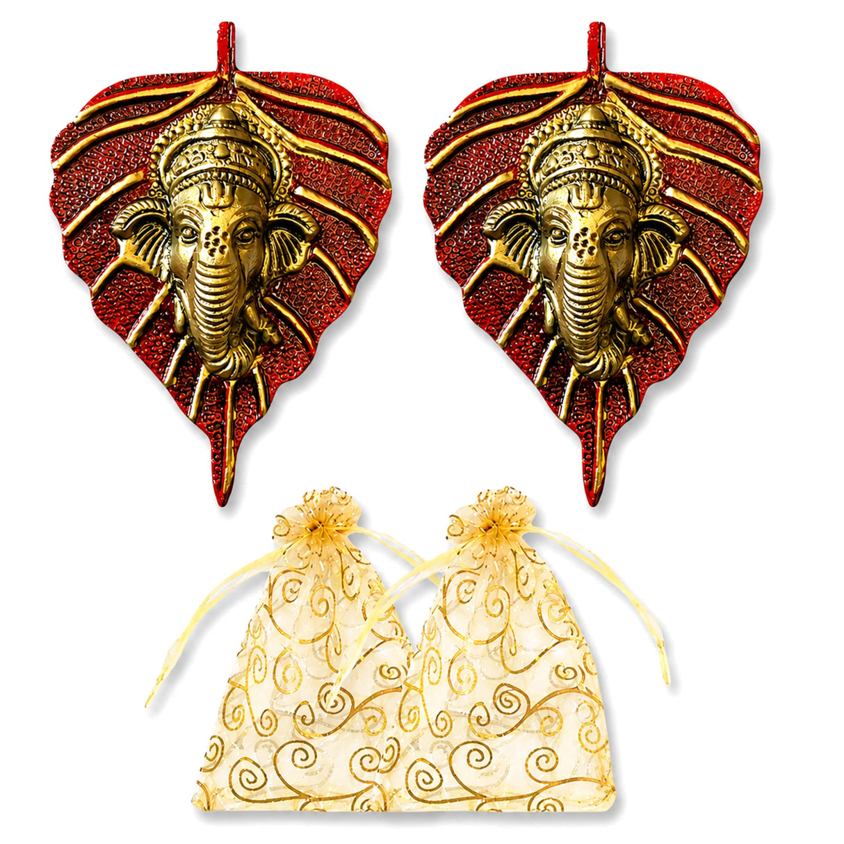 Metal leaf ganesha wall hanging decor features red and gold leaf shapes with a detailed brass ganesha head for home and office