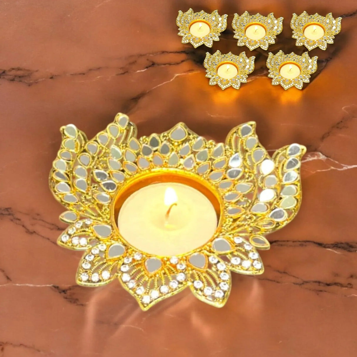 Metal Lotus Candle Holder – Decorative T-Light Holder with Glass Accents, Diwali Diya for Puja, Kuthu Vilakku, Home Temple Decor, Deepawali Decoration, Lantern, Housewarming Return Gift - LoveNspire