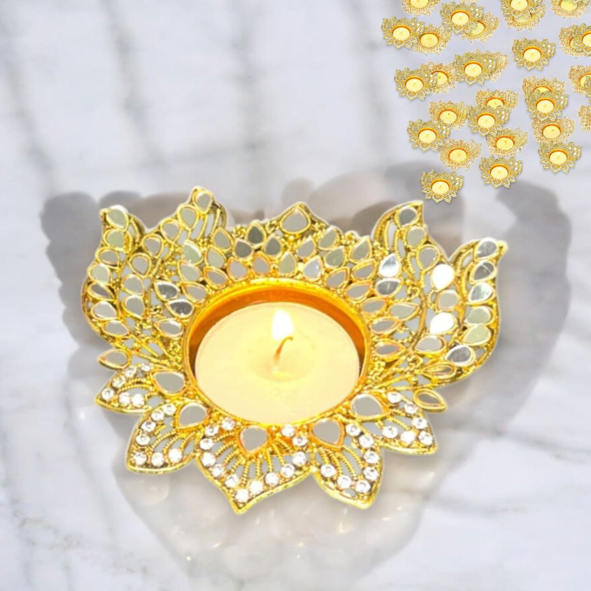 Metal Lotus Candle Holder – Decorative T-Light Holder with Glass Accents, Diwali Diya for Puja, Kuthu Vilakku, Home Temple Decor, Deepawali Decoration, Lantern, Housewarming Return Gift - LoveNspire