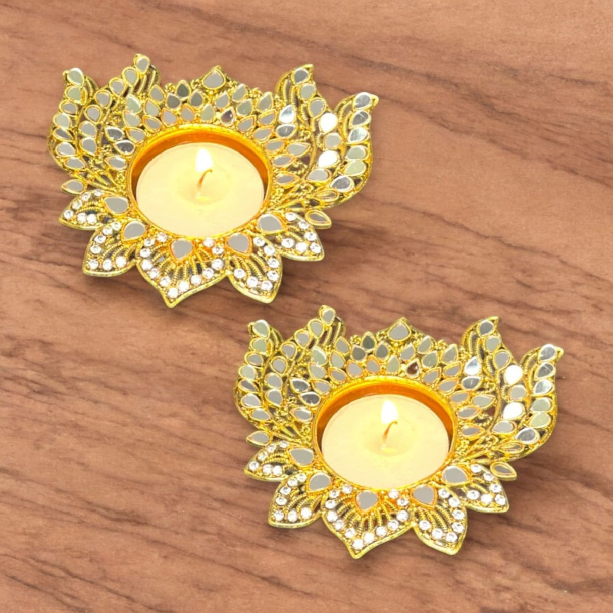 Metal Lotus Candle Holder – Decorative T-Light Holder with Glass Accents, Diwali Diya for Puja, Kuthu Vilakku, Home Temple Decor, Deepawali Decoration, Lantern, Housewarming Return Gift - LoveNspire