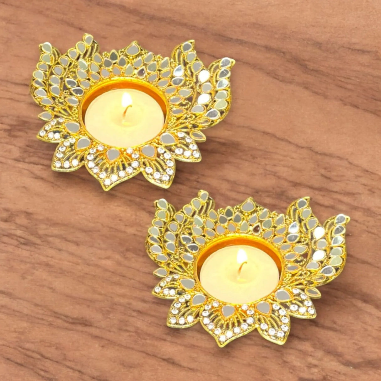 Metal Lotus Candle Holder – Decorative T-Light Holder with Glass Accents, Diwali Diya for Puja, Kuthu Vilakku, Home Temple Decor, Deepawali Decoration, Lantern, Housewarming Return Gift - LoveNspire