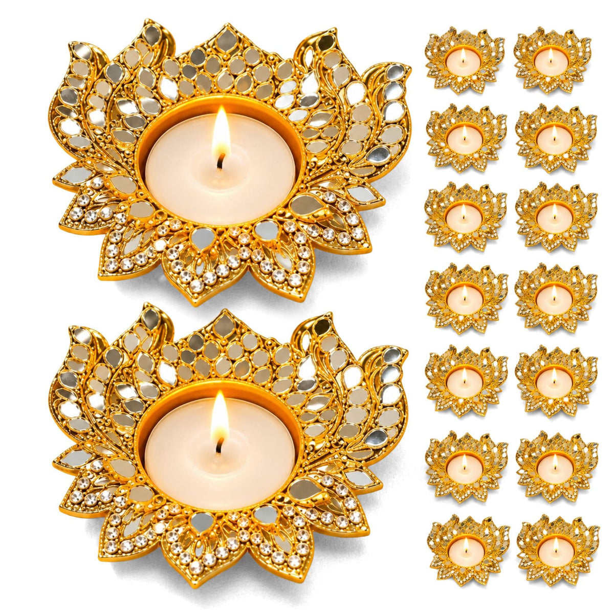 Metal lotus tea light candle holder with golden mirrored petals and rhinestones for diwali pooja and festive decor