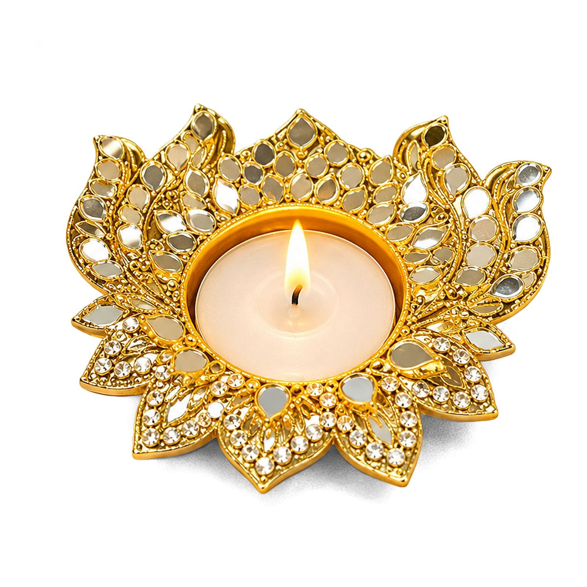 Golden metal lotus tea light candle holder with mirrored petals and crystals for diwali pooja and festive decor