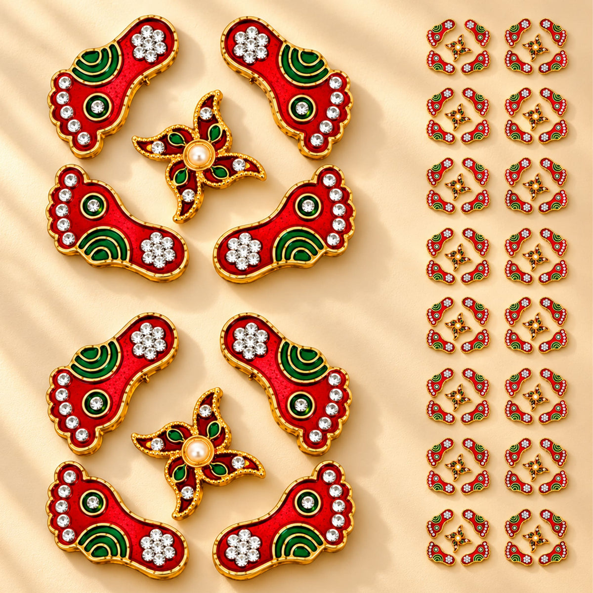 Metallic lakshmi charan paduka decorative pins in red and green with gold trim crystal embellishments and pearl accent for pooja