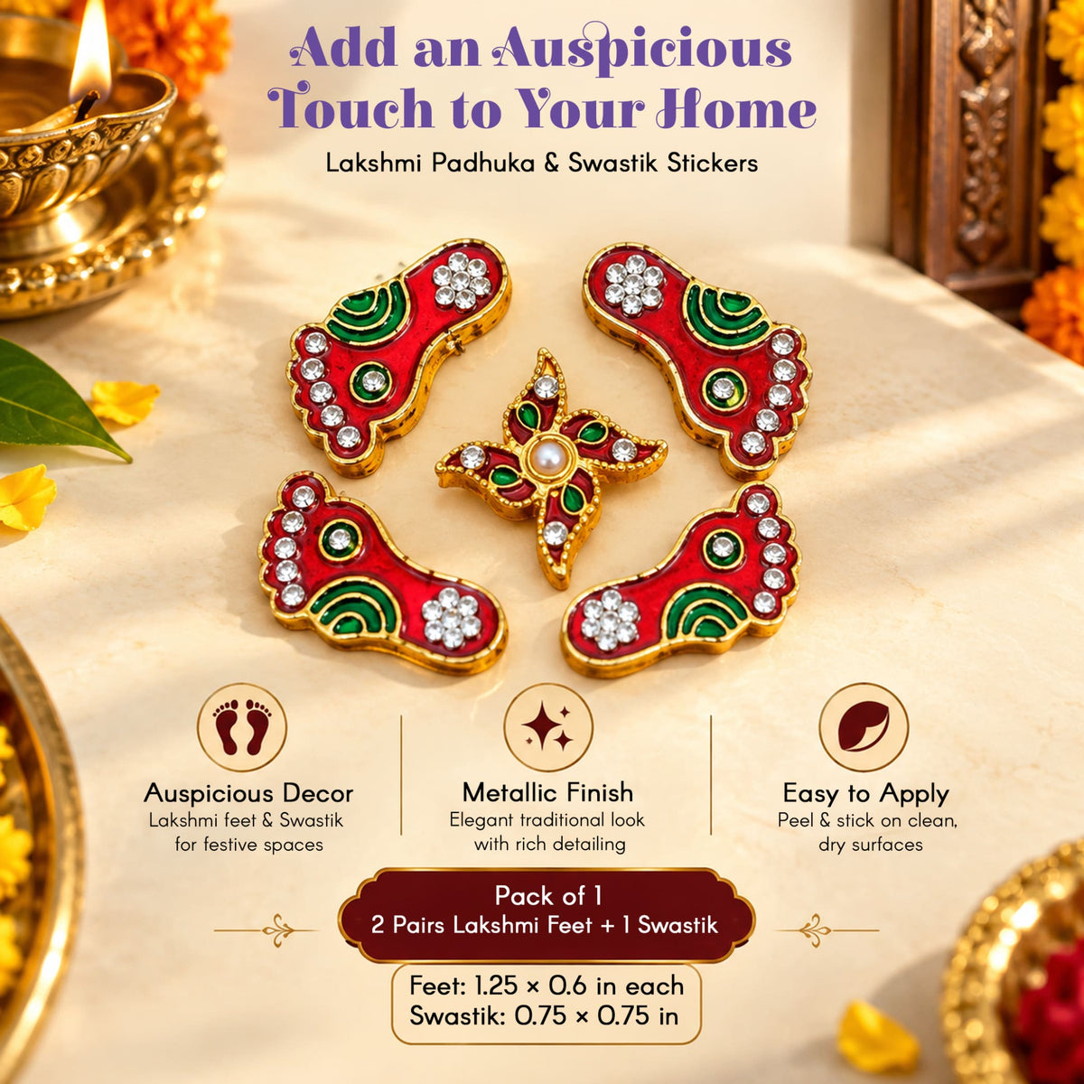 Metallic lakshmi charan paduka feet in red and green with gold crystal swastik stickers for diwali home decor