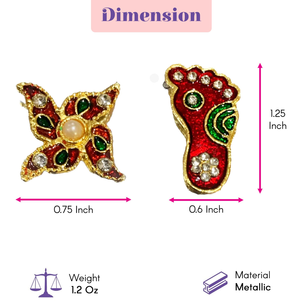 Metallic lakshmi charan paduka 2 pairs feet pin with red and green crystal embellishments for diwali decoration