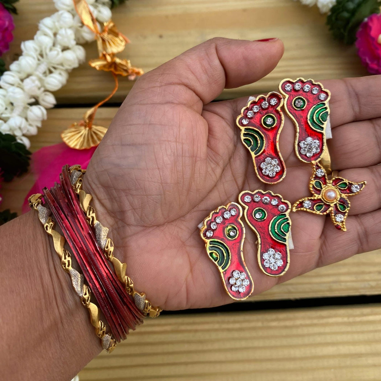 Metallic Lakshmi Charan Paduka 2 Pairs Feet with 1 Swastik Laxmi Padhuka Good Luck Footsteps Shubh Labh Rangoli Sticker for Door Entrance Home Temple Diwali Decoration Vara Lakshmi Pagla - LoveNspire