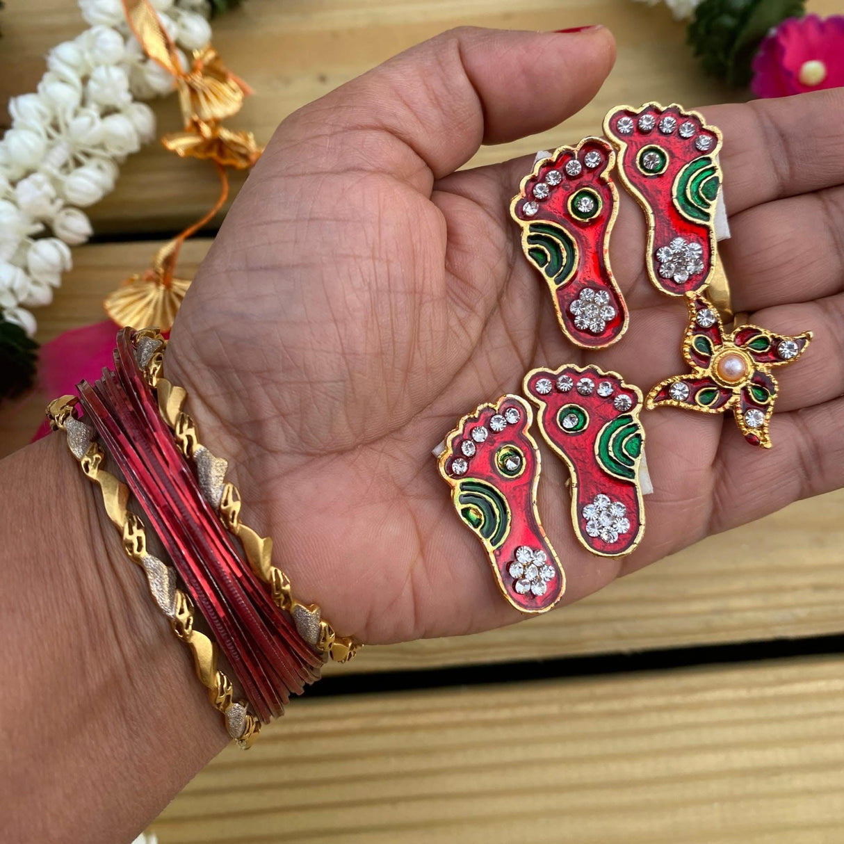 Metallic Lakshmi Charan Paduka 2 Pairs Feet with 1 Swastik Laxmi Padhuka Good Luck Footsteps Shubh Labh Rangoli Sticker for Door Entrance Home Temple Diwali Decoration Vara Lakshmi Pagla - LoveNspire