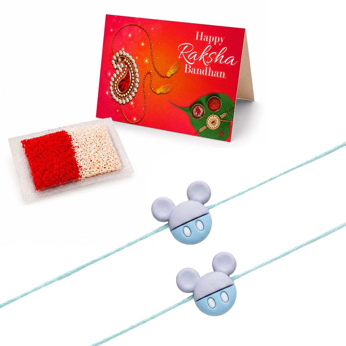 Light blue and gray mickey mouse rakhi with smooth plastic finish for brother traditional raksha bandhan gift set
