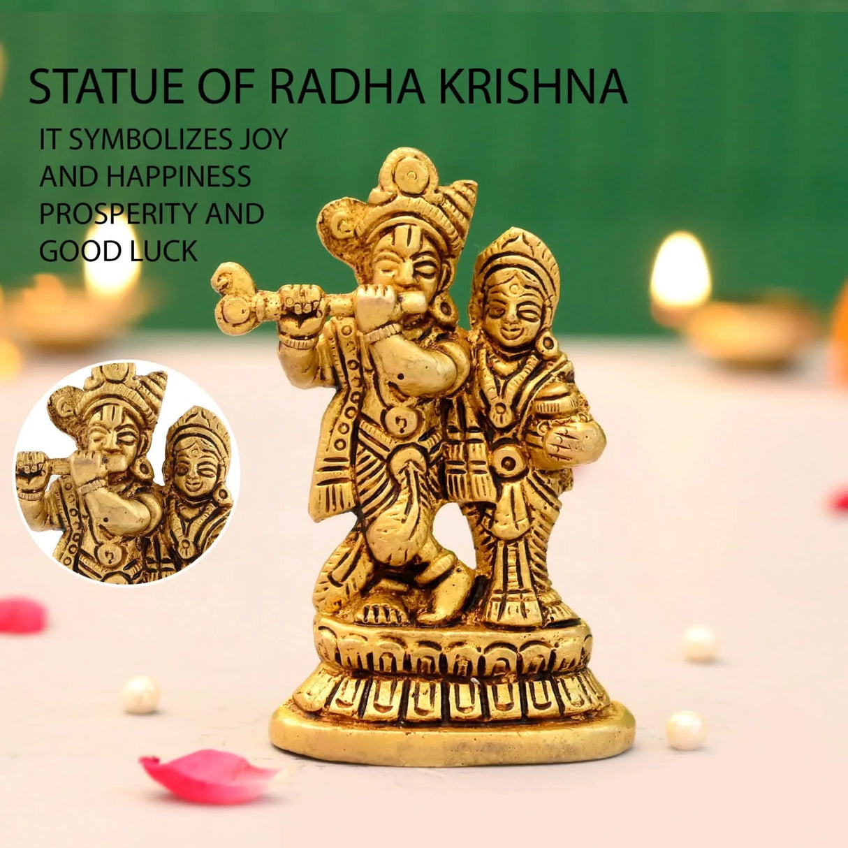 Brass Radha Krishna Statue Hindu God Religious Small Lord Krishna with Radha Rani Murti Idol - Sculpture for Home Temple Mandir Pooja Decor - Showpiece Housewarming Gift (3.5 Inches) - LoveNspire