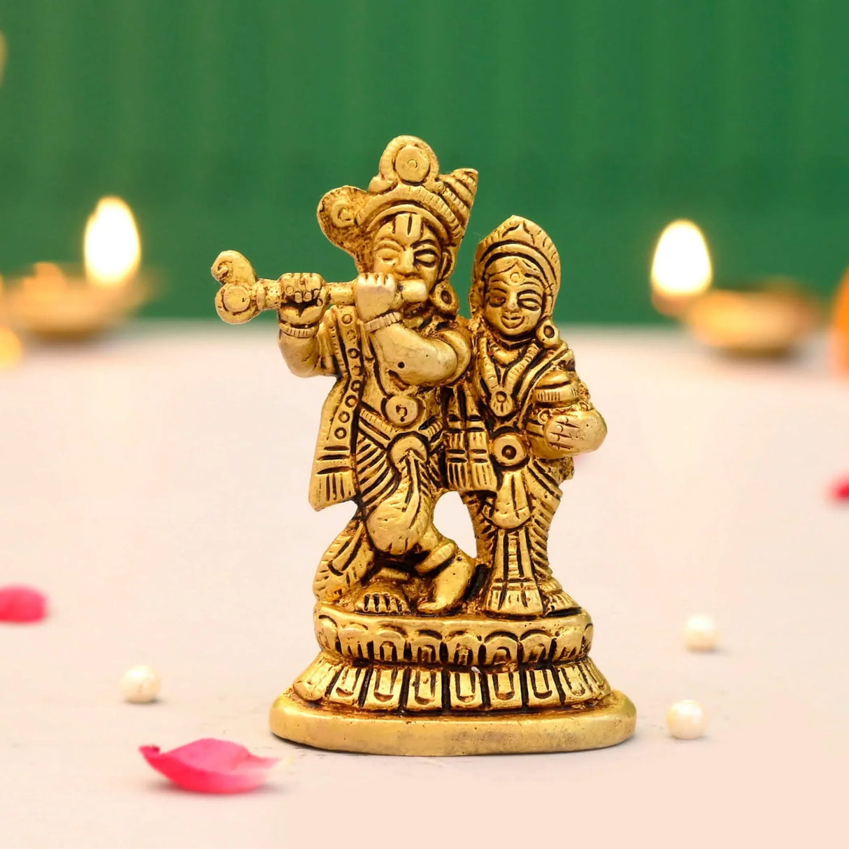 Brass Radha Krishna Statue Hindu God Religious Small Lord Krishna with Radha Rani Murti Idol - Sculpture for Home Temple Mandir Pooja Decor - Showpiece Housewarming Gift (3.5 Inches) - LoveNspire