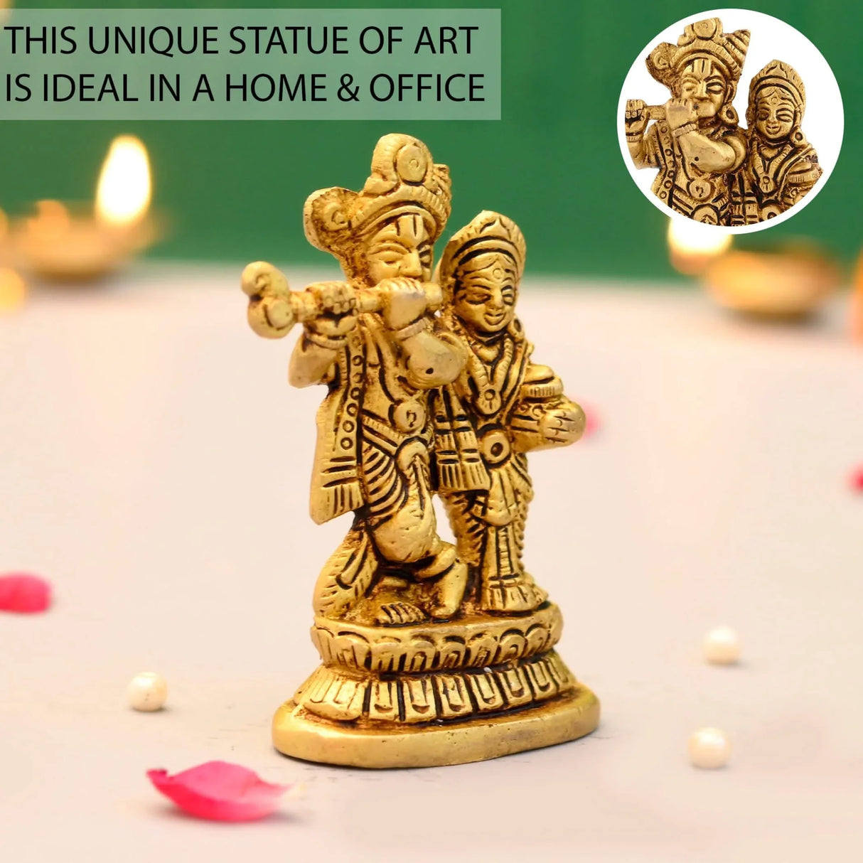 Brass Radha Krishna Statue Hindu God Religious Small Lord Krishna with Radha Rani Murti Idol - Sculpture for Home Temple Mandir Pooja Decor - Showpiece Housewarming Gift (3.5 Inches) - LoveNspire