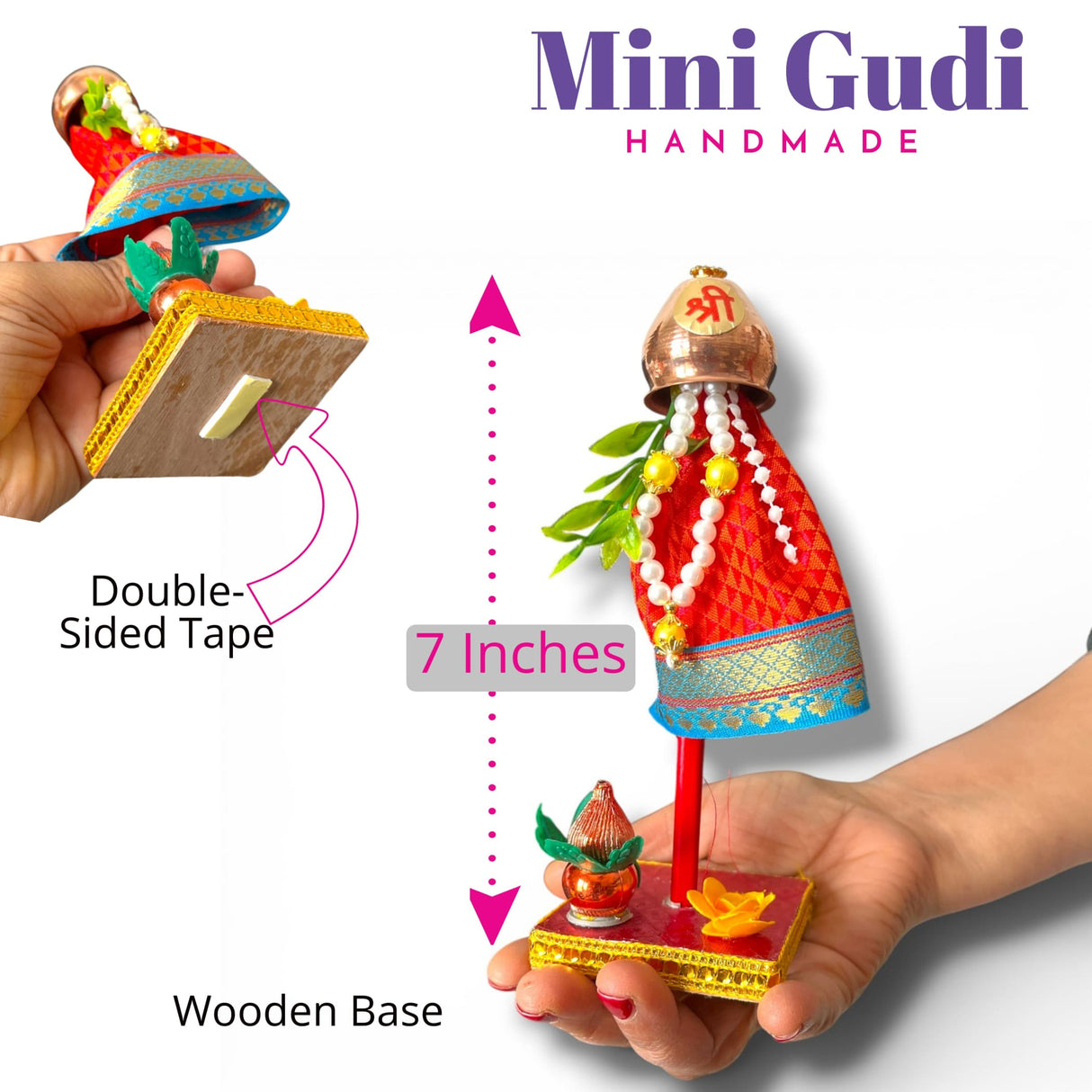 Vibrant red gold 7-inch mini Gudi Padwa decoration with copper top, beads, leaves