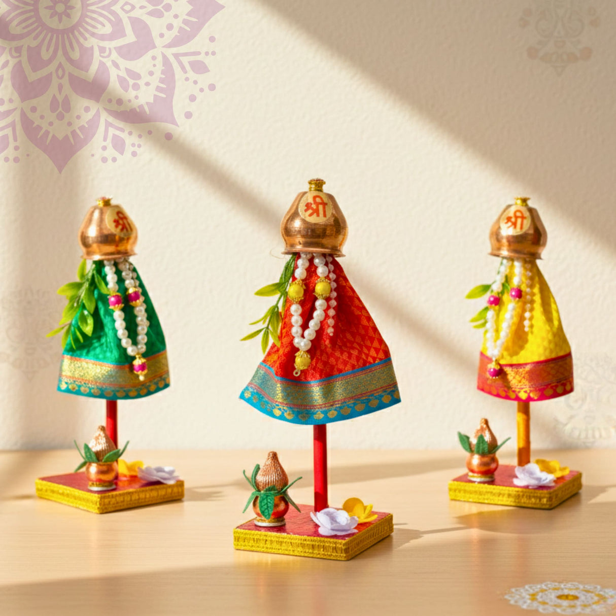 Three 7-inch mini Gudi Padwa figurines with golden श्री tops, colorful fabrics