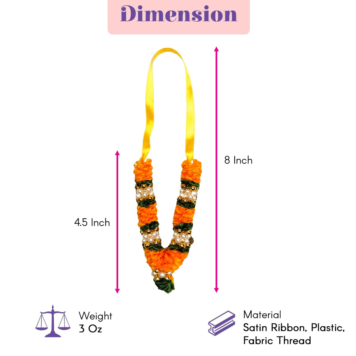 Mini artificial mala garland in orange and green with pearl accents made from satin ribbon plastic and fabric thread for pooja decor