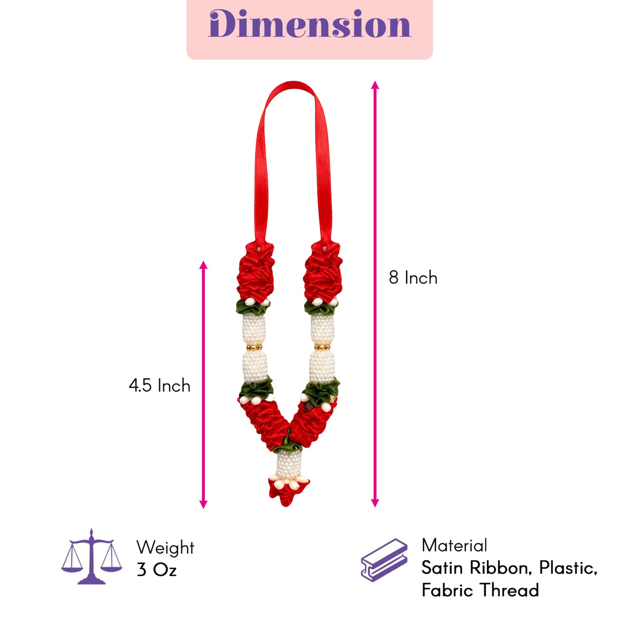 Mini artificial mala garland with red satin ribbon flowers white beads and green leaves made from satin ribbon plastic fabric thread for pooja decor