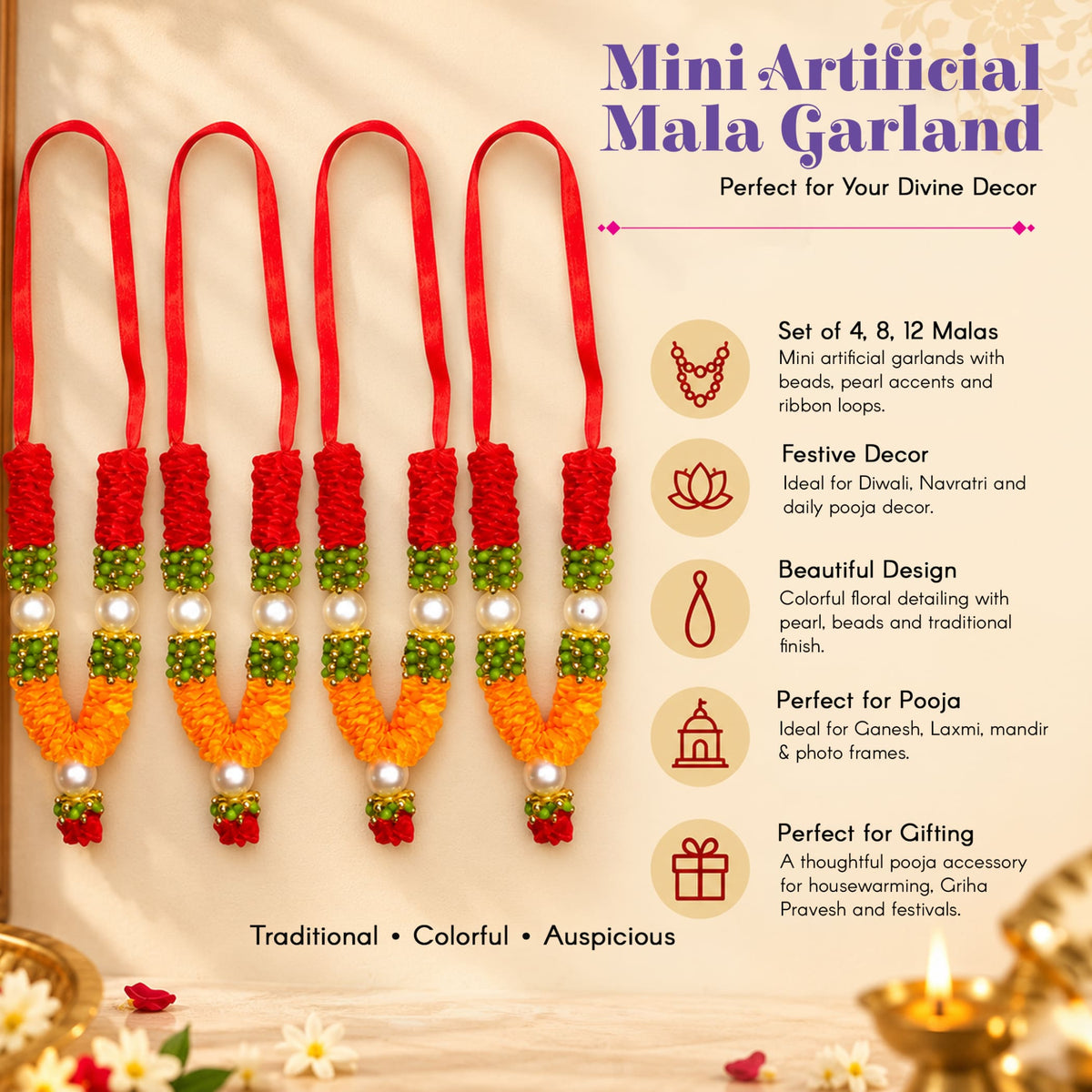 Set of four vibrant red green and orange mini artificial mala garlands with pearl accents and satin ribbon loops for pooja decor