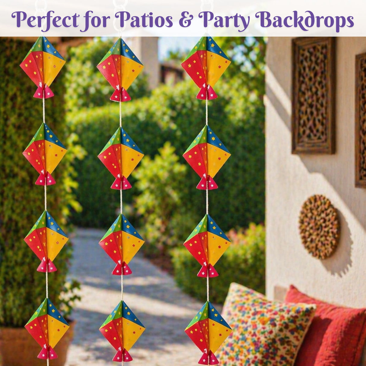 Colorful paper kite garland with star patterns in red yellow green and blue for festive wall decor and celebrations