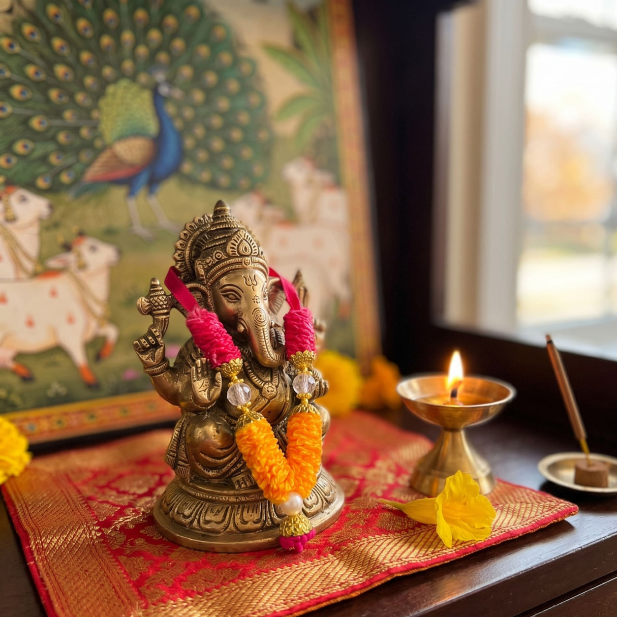 Golden brass 4 inches mini idol ganesha adorned with vibrant pink and orange artificial marigold pooja garland