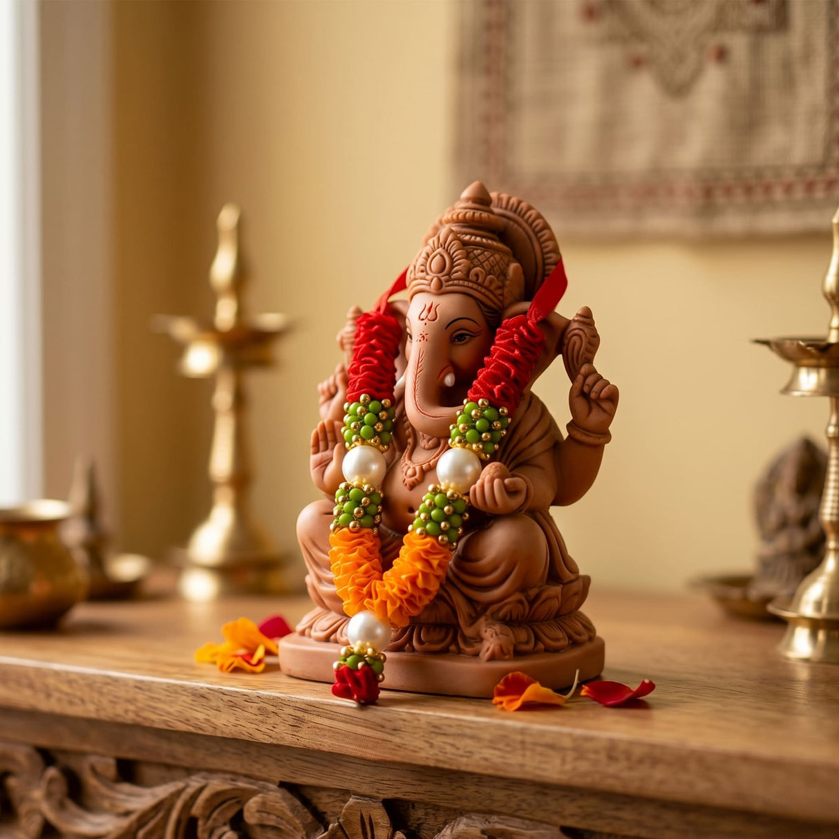Terracotta 4 inch mini ganesha idol adorned with red green orange artificial floral garlands with pearl accents for diwali puja