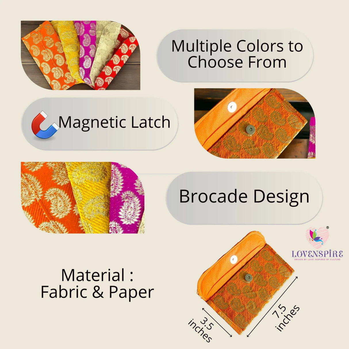 Pack of 5 Money Brocade Fabric Envelopes for Cash Decorative Gotta Shagun Lifafa Gift Card Holder Lucky Cash Currency Holder Magnetic Tip Envelopes Wedding Diwali Gift - LoveNspire
