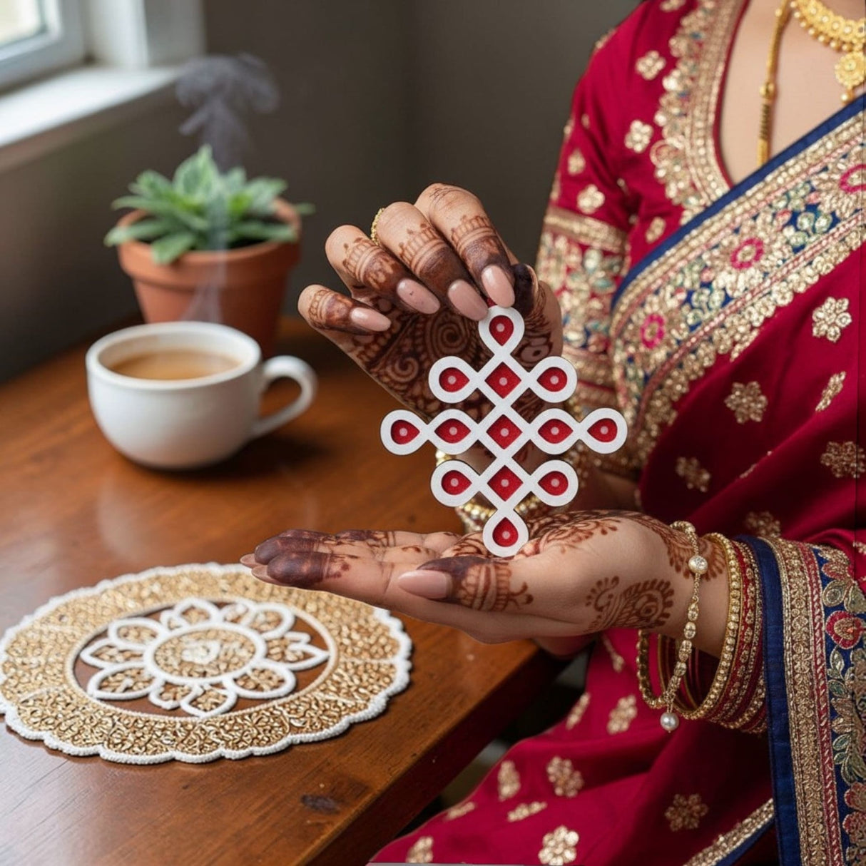 Diy small muggu kolam cutout in white and red held in hands for indian pooja wedding and festive rangoli decor