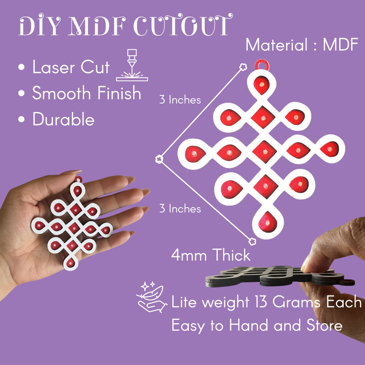 A 3-inch by 3-inch white and red mdf cutout ornament with laser design for diwali and indian pooja decor