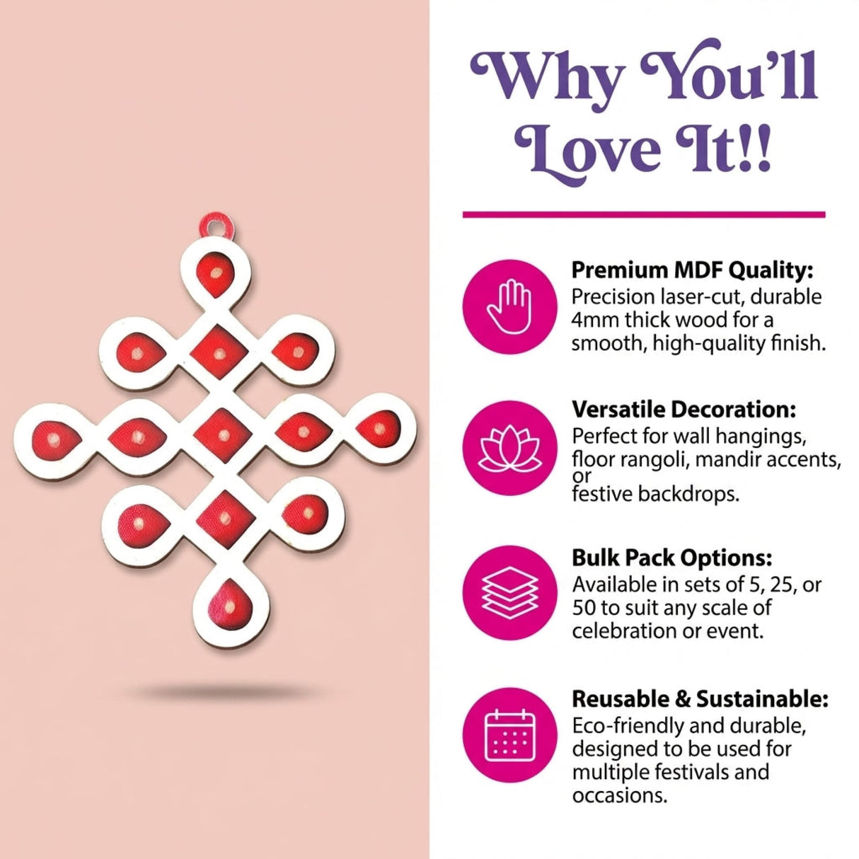 White and red laser-cut wooden diy small muggu kolam cutout with geometric interlocking design for pooja decor