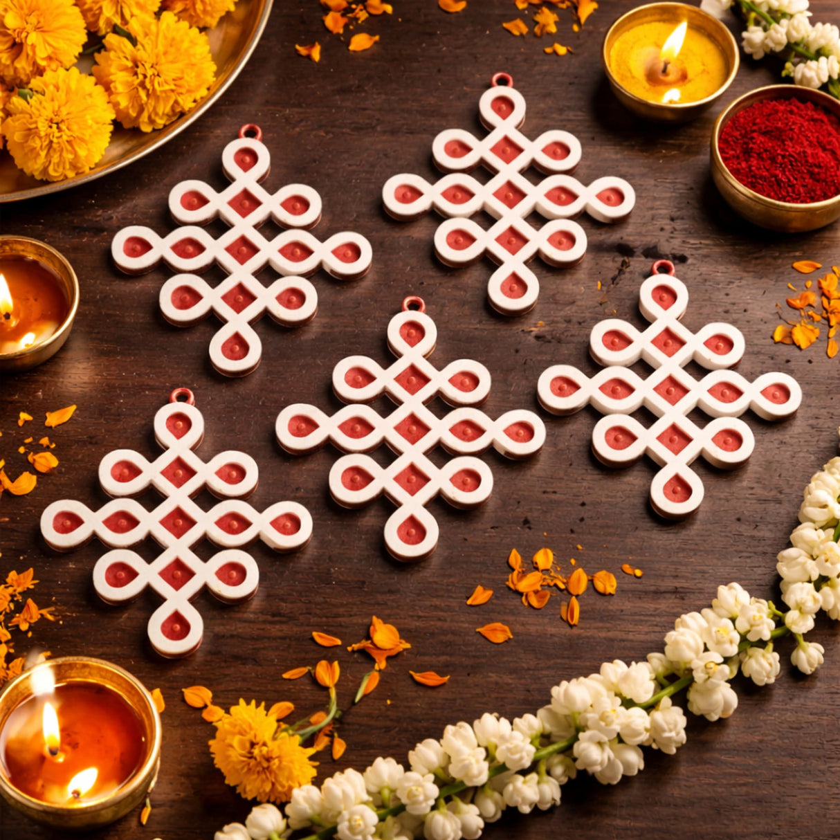 White and red wooden infinity knot diy small muggu kolam cutout decoration for indian pooja and wedding