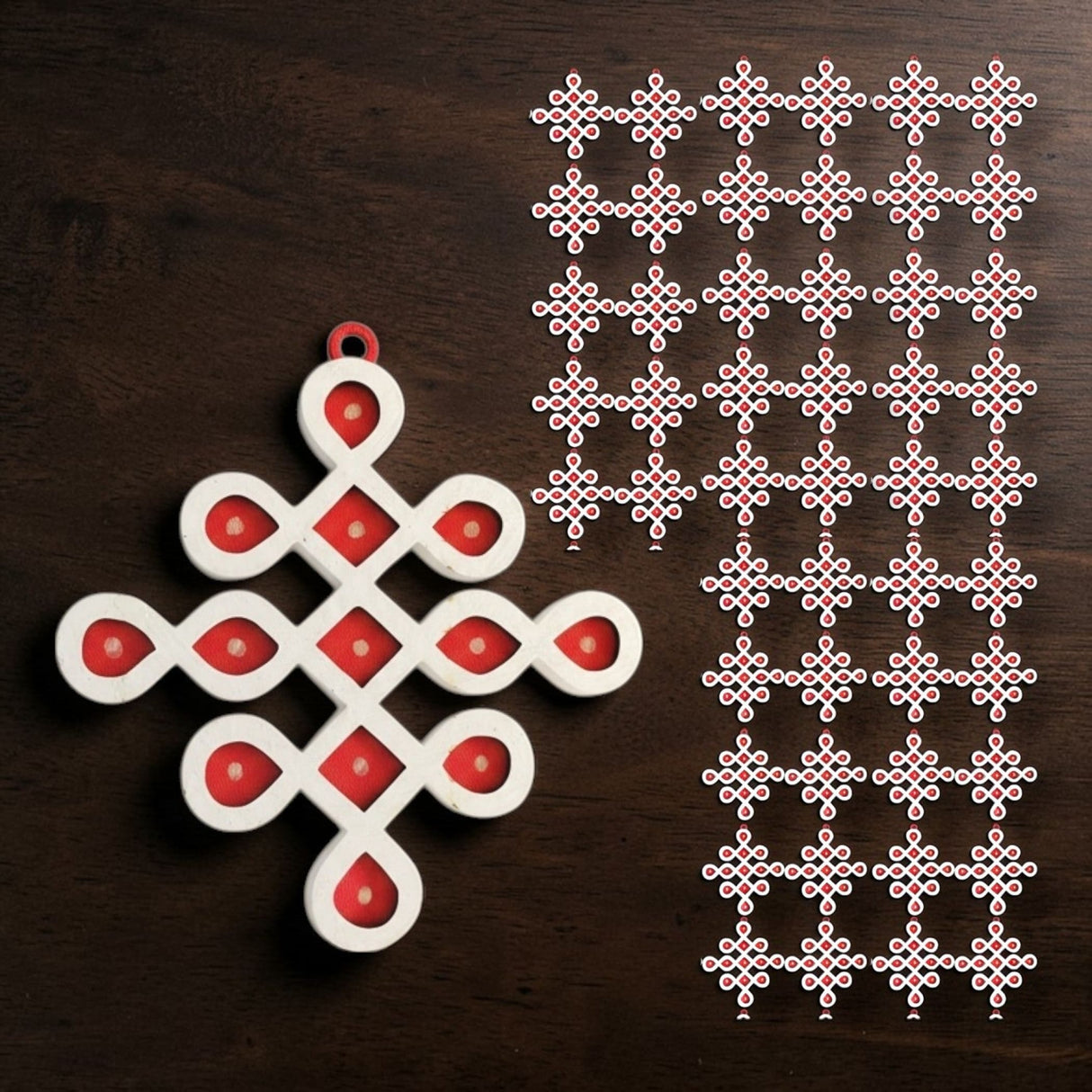 White and red infinity knot diy small muggu kolam cutout ornament for indian pooja wedding and festive decor