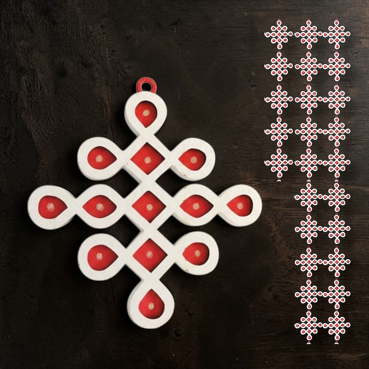 White and red infinity knot diy small muggu kolam cutout ornament for indian pooja wedding and festive decor