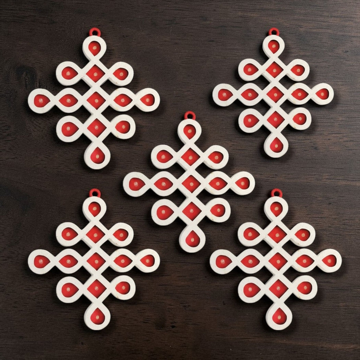 Diy small muggu kolam cutout red and white infinity knot ornaments for indian pooja wedding and diwali decor