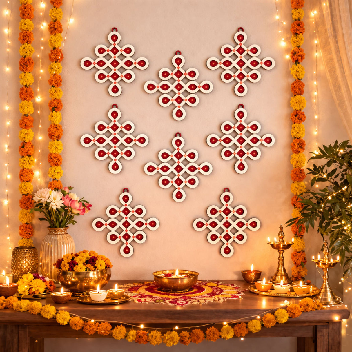 Red and white geometric diy small muggu kolam cutout decoration for indian pooja wedding and festive rangoli wall decor