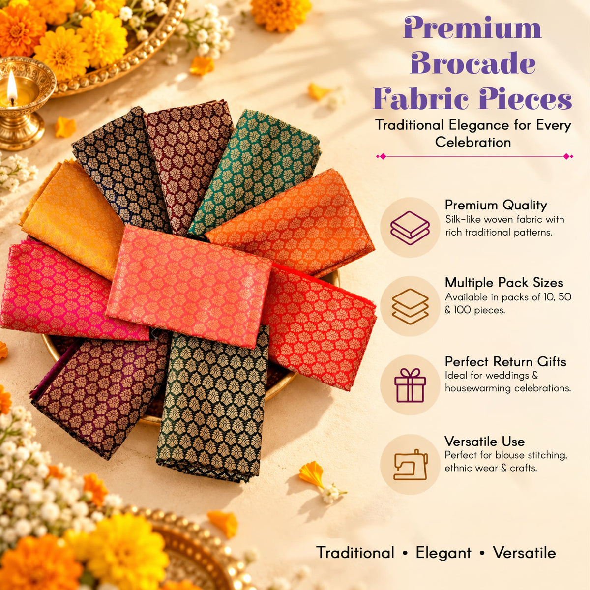 A collection of vibrant multicolor silk-like woven brocade unstitched blouse pieces for women saree pooja and gifts