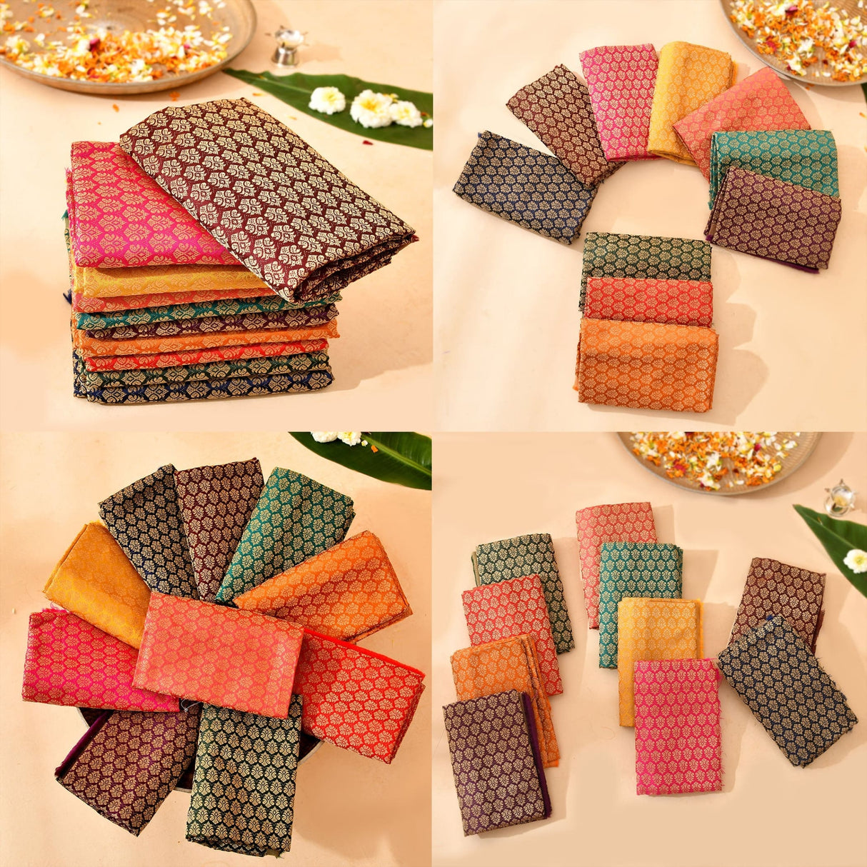 A vibrant collection of intricately patterned unstitched multicolor blouse pieces in pink orange green and brown for women