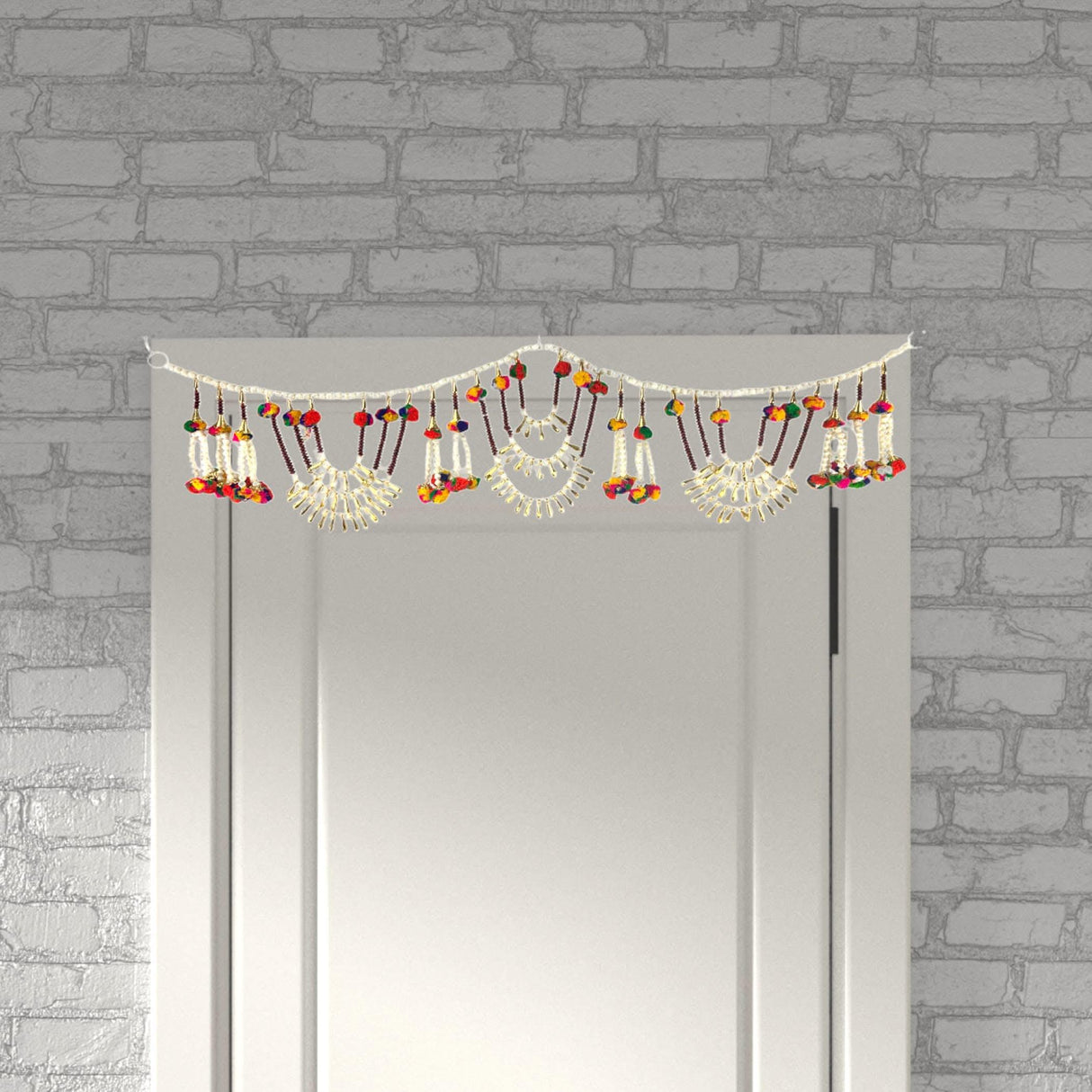 Indian Bead Door Toran 35 Inch Bhandarwal Hanging Valance Multicolor Pompom Traditional Wall Decorative for Window Home Temple Decor Wedding Diwali Navratri Puja Housewarming Decorations - LoveNspire