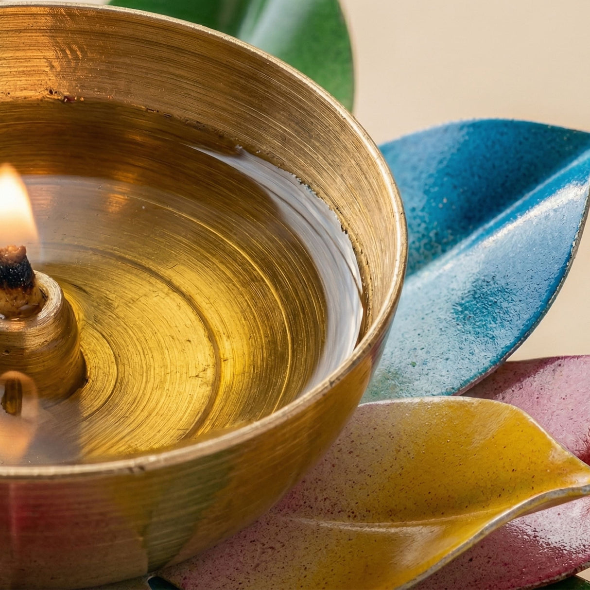 Golden brass oil lamp with flickering flame on multicolor ceramic leaves for puja and Diwali decoration