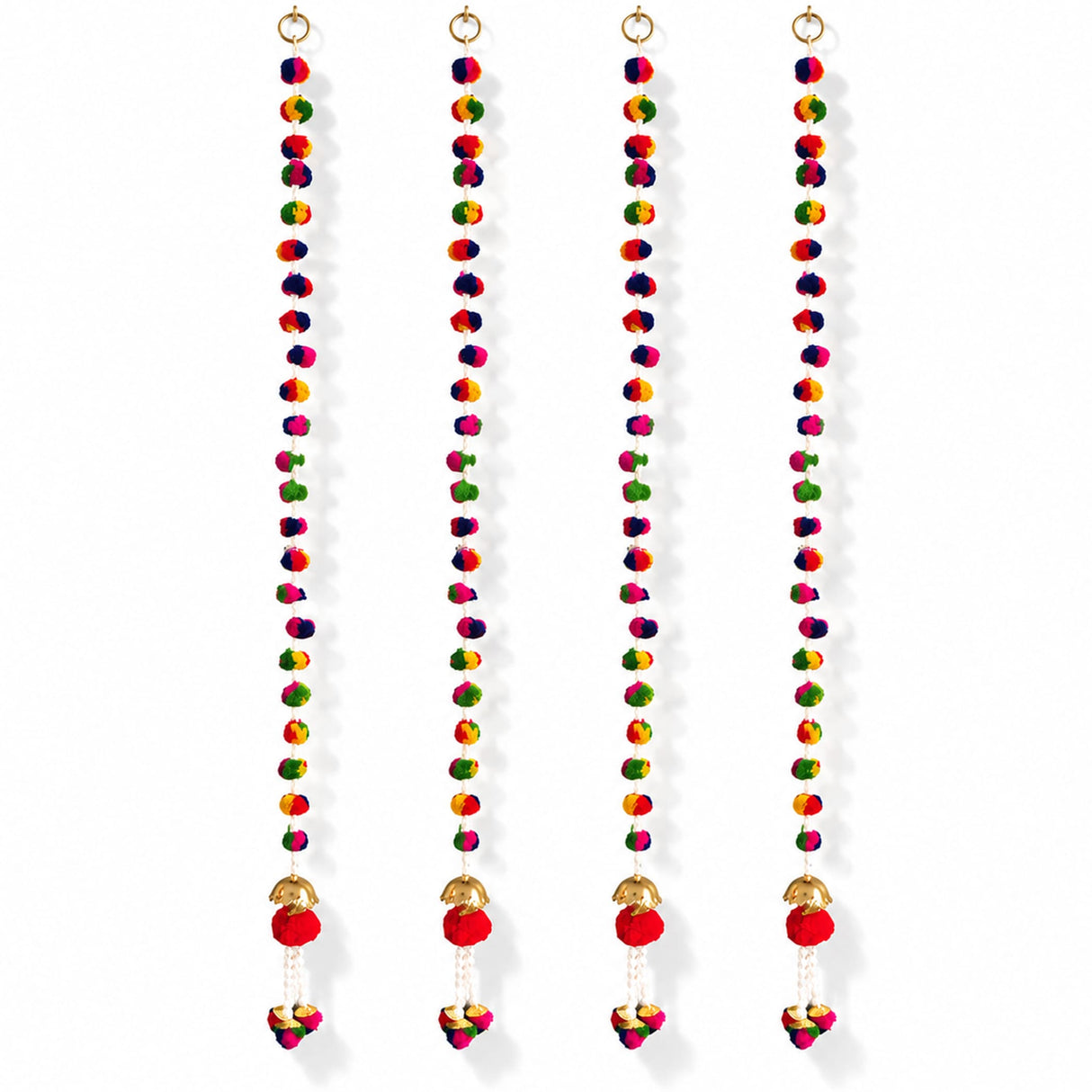 Four colorful multicolor pompom wall hanging strings with gold-toned rings, red pompoms, and small bells for diwali decor