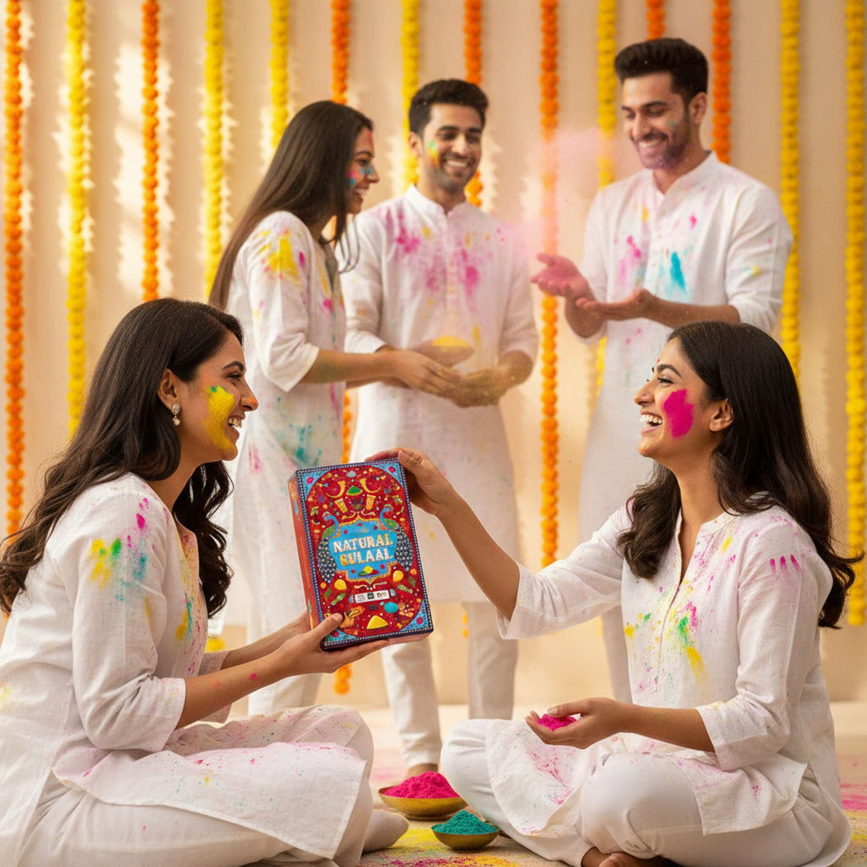 Vibrant Natural Holi Gulal Powder box in red and blue with yellow, red skin-friendly colors for Rangoli