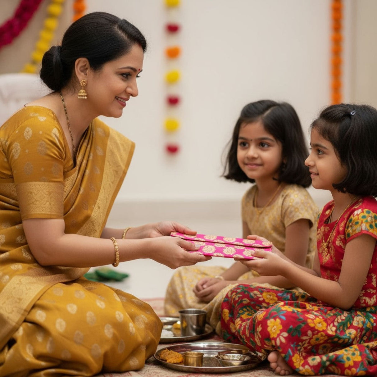 Pink polka dot candy box with lid in Navratri Kanya Pujan gift hamper
