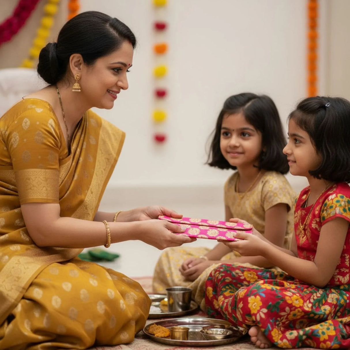 Navratri Kanya Pujan Gift Hamper Kanjak Gifts Religious Varalakshmi Vratham Teej Karva Chauth Housewarming Sankranti Wedding Return Gifts - Fabric Envelopes Bindi Pack Haldi Kumkum Packet - LoveNspire