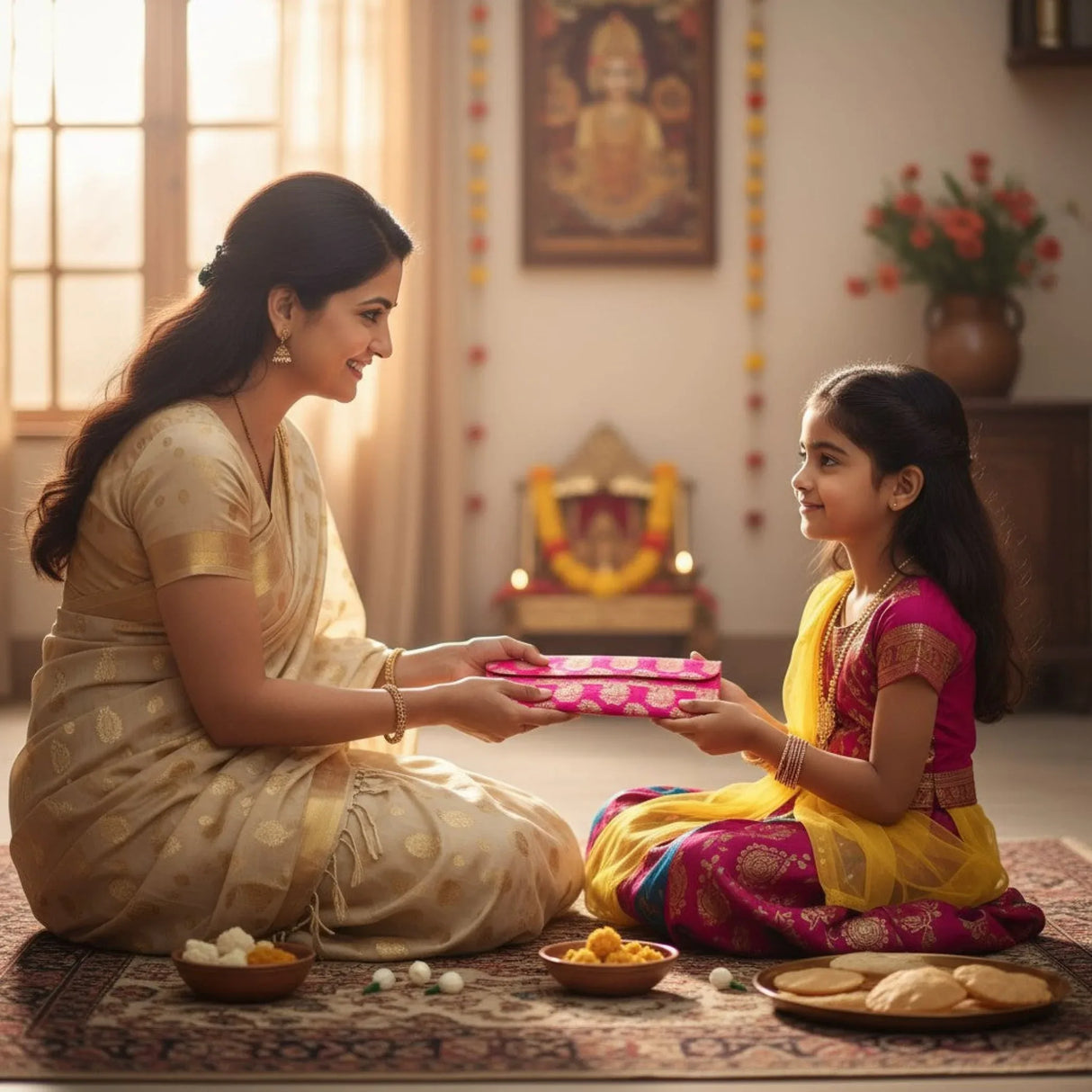 Navratri Kanya Pujan Gift Hamper Kanjak Gifts Religious Varalakshmi Vratham Teej Karva Chauth Housewarming Sankranti Wedding Return Gifts - Fabric Envelopes Bindi Pack Haldi Kumkum Packet - LoveNspire