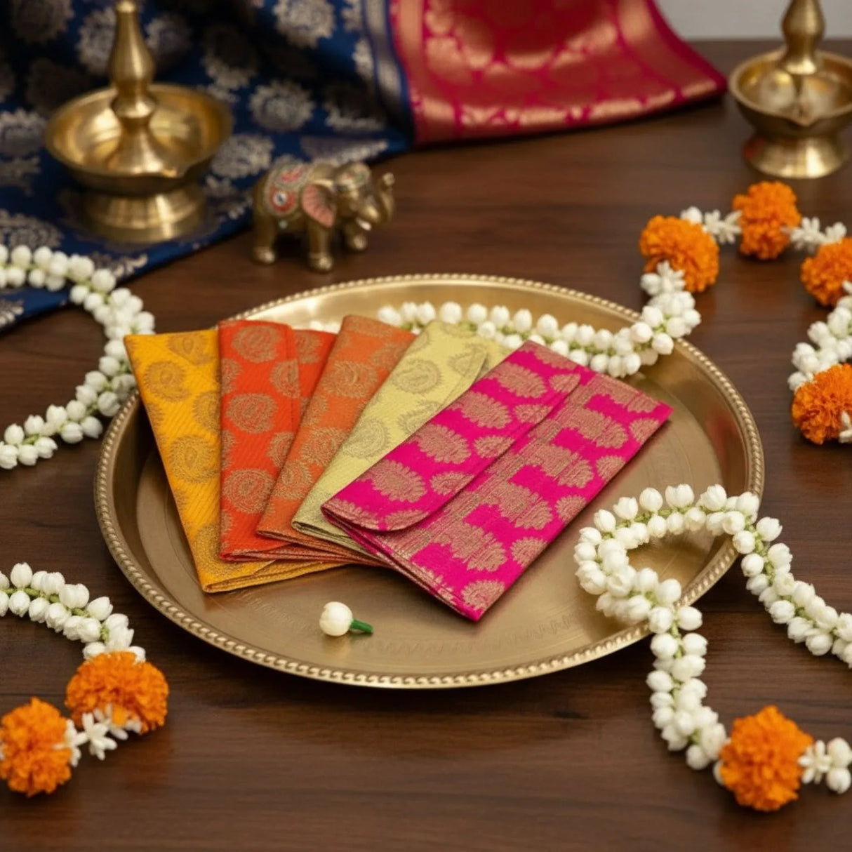 Navratri Kanya Pujan Gift Hamper Kanjak Gifts Religious Varalakshmi Vratham Teej Karva Chauth Housewarming Sankranti Wedding Return Gifts - Fabric Envelopes Bindi Pack Haldi Kumkum Packet - LoveNspire