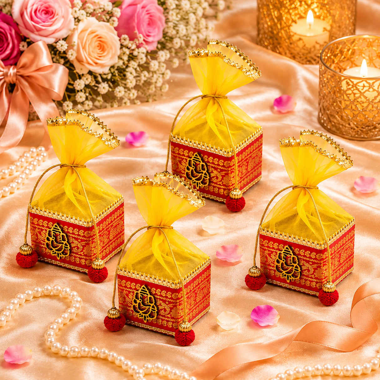 Pack of 4 small red and gold ornate potli gift boxes with yellow sheer organza ties and red tassels for festive gifting