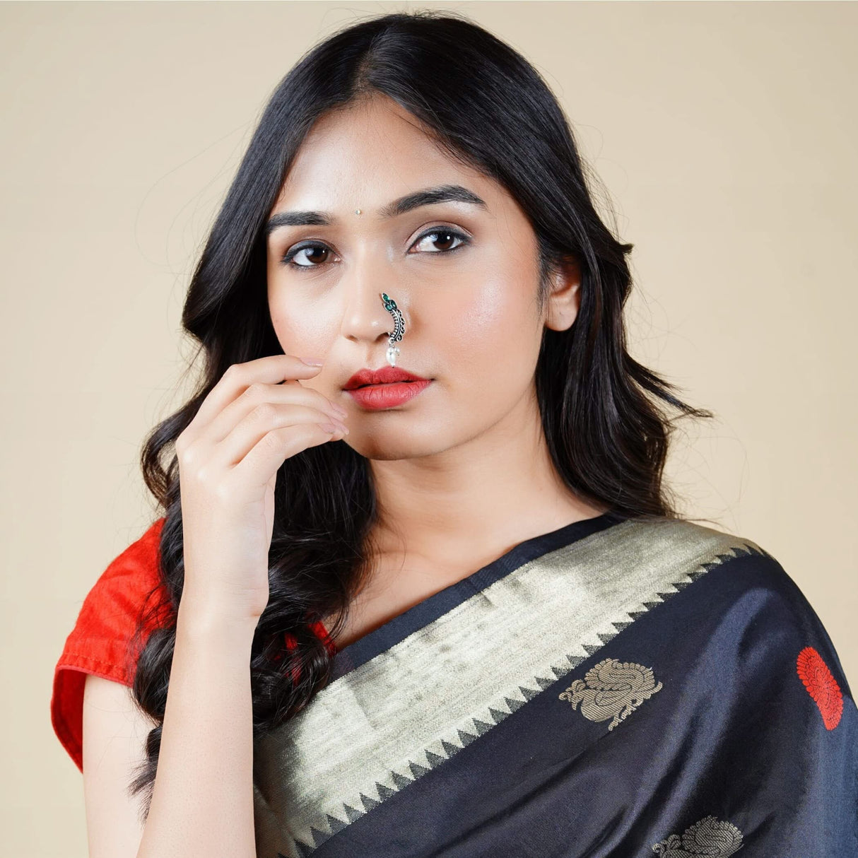 Indian Marathi Nath for Women Pearl Marathi Oxidized Nose Ring Indian Jewelry Nose Ring Clip-On Marathi Bridal Nathani Faux Pearl Non-Piercing Jewelry for Women - Birthday Gift For Her - LoveNspire