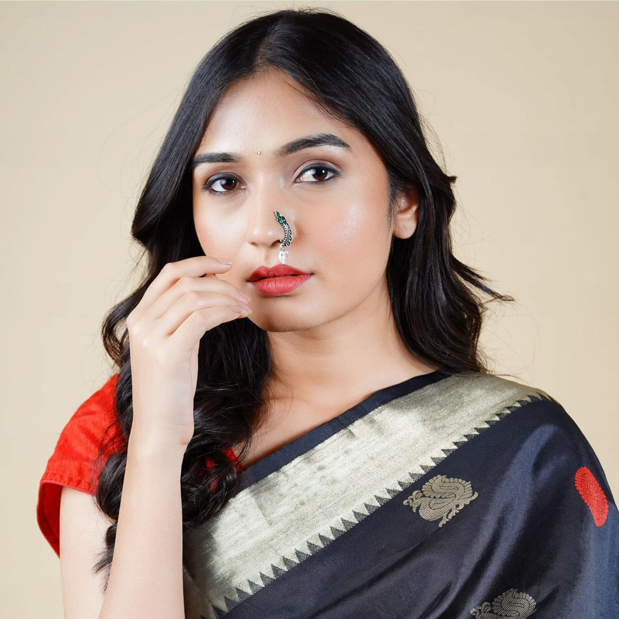 Indian Marathi Nath for Women Pearl Marathi Oxidized Nose Ring Indian Jewelry Nose Ring Clip-On Marathi Bridal Nathani Faux Pearl Non-Piercing Jewelry for Women - Birthday Gift For Her - LoveNspire