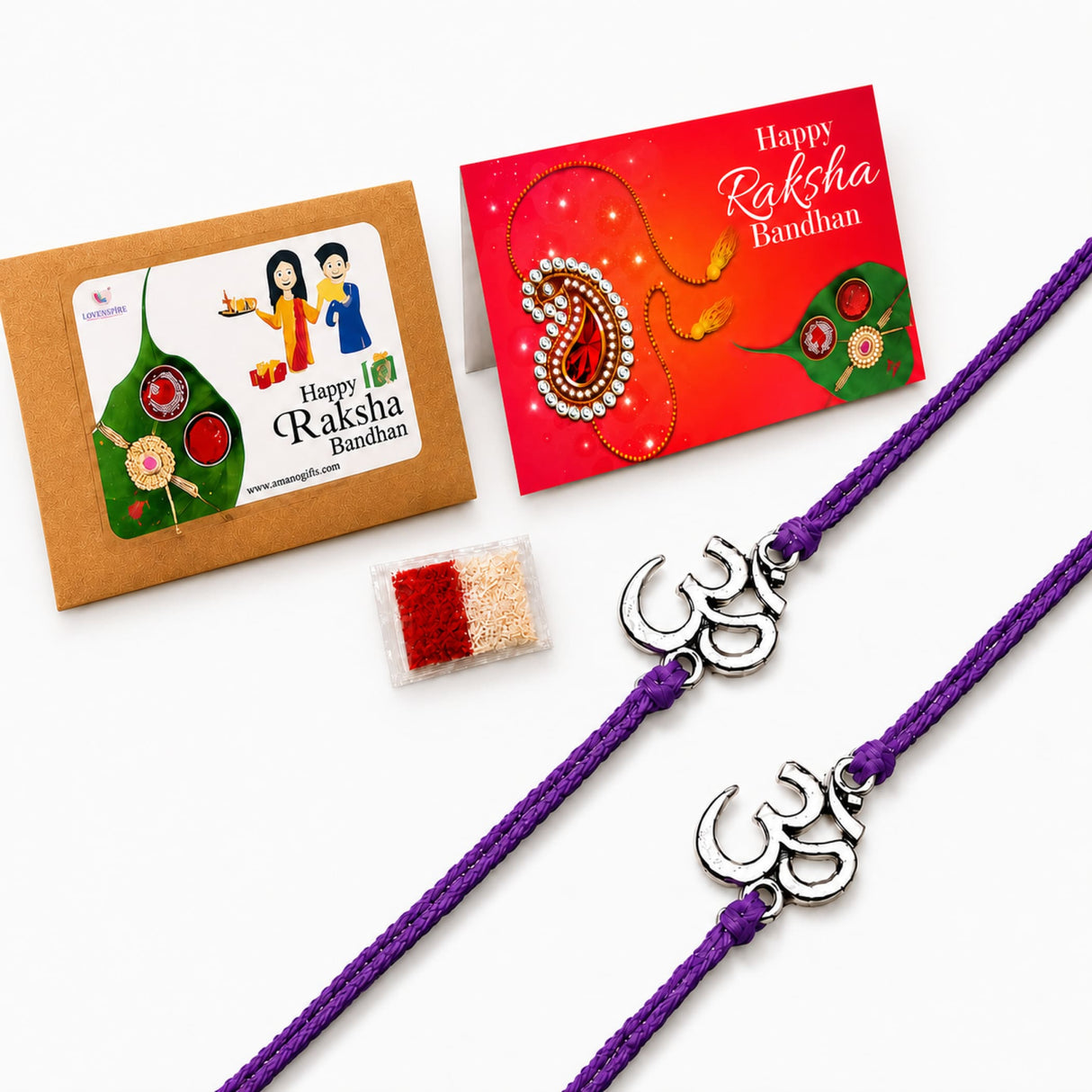 Purple braided cord designer om rakhi with silver charm for brother and bhabhi traditional handmade bracelet